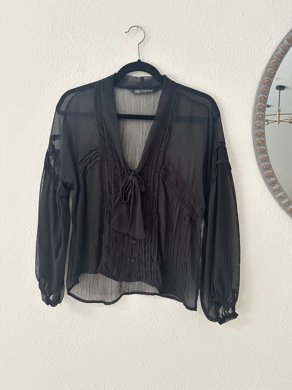 Zara Sheer Black Tie-Neck Women’s Blouse